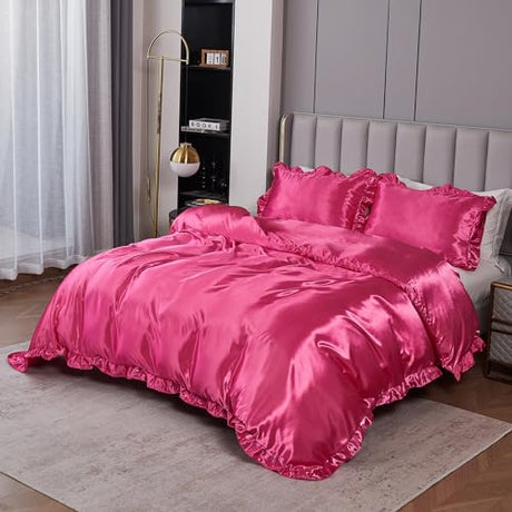 Silk Like Satin Bedding King Hot Pink Duvet Cover Set Soft Silky Ruffle Comforter Cover Sexy Hotel Silky Bedding Sets 1 Duvet Cover 2 Pillowcases (King, Hot Pink)… Bedding_Dreamer