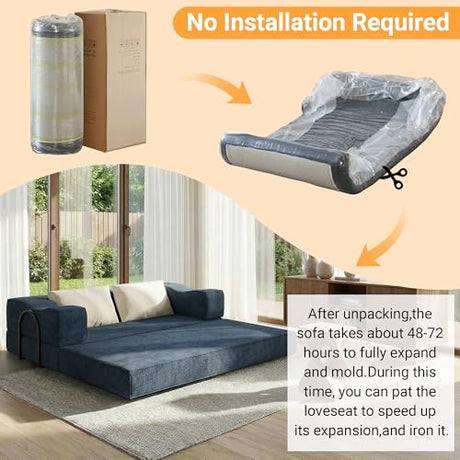 MAKIAAP 80" Foldable Chenille Futon Sofa Bed, 4-in-1 Convertible Couch with 2 Pillows, King-Size Floor Lounger for Living Room, Guest Room, Dorm - No Assembly (Blue, 80in) MAKIAAP