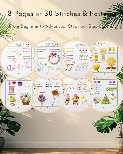 CIZULFY Beginner Embroidery Stitch Book Kit with Pre-Printed Fabric, 30 Essential Stitches and Practice Patterns(Floral Animal etc), Embroidery Beginner kit Adult with Tool and Video Guide CIZULFY