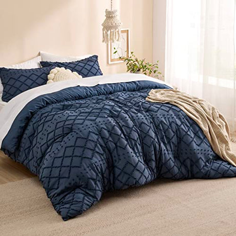 Bedsure Queen Comforter Set - Navy Blue Comforter, Boho Tufted Shabby Chic Bedding for Kids, 3 Pieces Vintage Farmhouse Bed Set for All Seasons, Fluffy Soft Bedding with 2 Pillow Shams Bedsure
