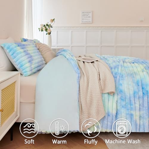 ZRNBAST Fluffy Duvet Cover Twin Size, Tie Dye Blue Green Plush Fleece Bedding Sets, Super Soft Faux Fur Bed Set with Zipper, Luxury Fuzzy Comforter Cover with 2 Pillowcases(Blue Green, Twin) ZRNBAST