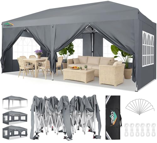 COBIZI 10x20 Pop Up Canopy Tent with 6 Sidewalls Party Tents for Parties Weddings Backyard Waterproof Outdoor Commercial Canopy Event Tent with Stakes, Ropes, Grey COBIZI