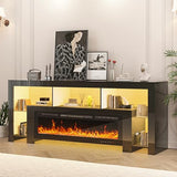 94.5" Fireplace TV Stand for TVs Up to 100", Gaming LED Entertainment Center with 50" Electric Fireplace, Modern High Gloss Media Console for Living Room, Glass Shelves & Open Storage, Black CayugaCrekrd