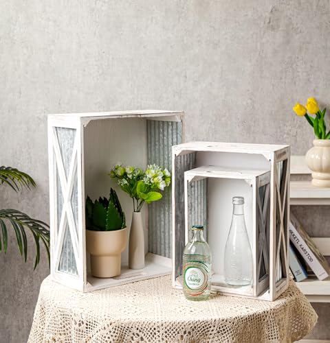 Set of 3 Nesting Wooden Crates, Rustic Wooden Storage Container Boxes with Cutout Handles, Decorative Farmhouse Wood Baskets for Display, Barn Door (Whitewash) Venalys