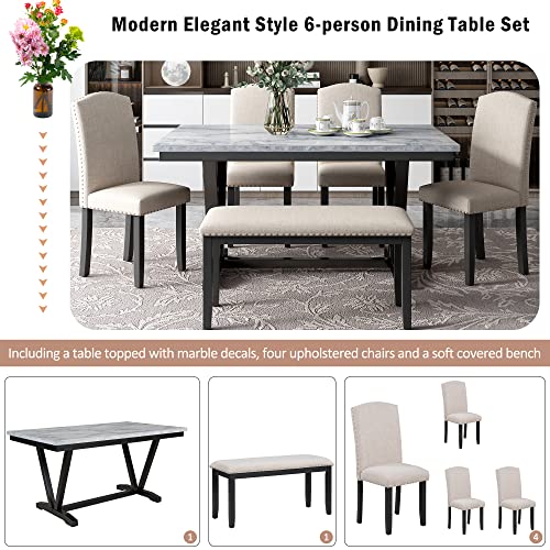 LUMISOL Faux Marble Dining Table Set with Bench and Chairs for 6 Persons Solid Wood Kitchen Dining Room Table Set, WarmWhite LUMISOL
