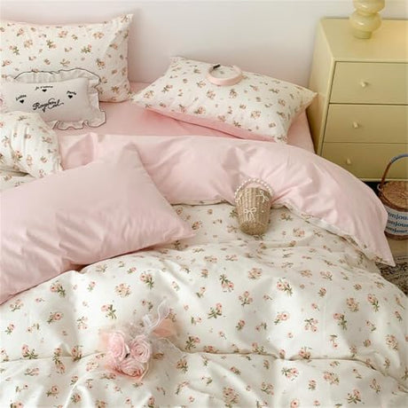 Sedefen Pink Floral Duvet Cover Full Size Romantic Flower Green Botanical Bedding Set 3Pcs Kids Boys Girls Spring Garden Aesthetic Flowers Soft Breathable Microfiber Comforter Cover with 2 Pillowcases Sedefen