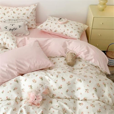 Sedefen Pink Floral Duvet Cover Full Size Romantic Flower Green Botanical Bedding Set 3Pcs Kids Boys Girls Spring Garden Aesthetic Flowers Soft Breathable Microfiber Comforter Cover with 2 Pillowcases