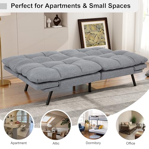 MUUEGM 71" Futon Sofa Bed, Comfortable Memory Foam Futons Sofa with Adjustable Backrest & Armrests, Convertible Loveseat Futon Bed for Compact Living Room, Apartment, Office, Grey MUUEGM