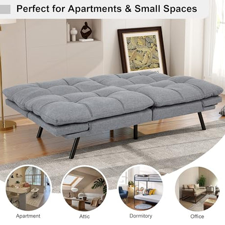 MUUEGM 71" Futon Sofa Bed, Comfortable Memory Foam Futons Sofa with Adjustable Backrest & Armrests, Convertible Loveseat Futon Bed for Compact Living Room, Apartment, Office, Grey MUUEGM