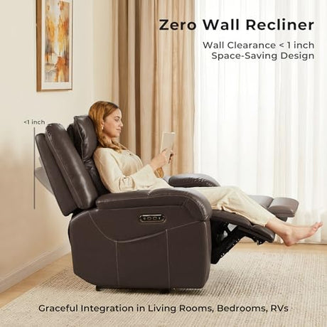 SITJOY Pet Friendly Leather Power Recliner Chair, Zero Wall Hugger RV Recliners with Power Headrest, Charging Ports, Side Pockets, Down-Filled, Scratch Resistant Waterproof Faux Leather in Dark Brown SITJOY