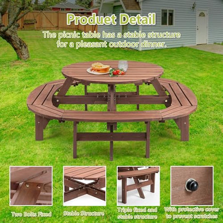 RocVanc 8-12 Person Outdoor Round Wooden Picnic Table with 8 Built-in Benches, Umbrella Hole, Lifetime Outside Table and Bench Set for Garden, Backyard, Porch, Patio and Deck RocVanc