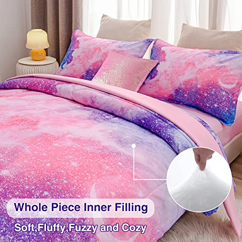 A Nice Night Galaxy Bedding Sets Outer Space Comforter 3D Printed Space Quilt Set Twin 6Pcs Glitter Pink,for Children Boy Girl Teen Kids A Nice Night