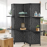 Room Divider Folding Portable Privacy Wooden Screen 4 Panel Partition Wall Indoor/Outdoor Folding Screen w/Dual-Sided Hinges & 2 Removable Display Shelves for Home Office, Black Dkeli