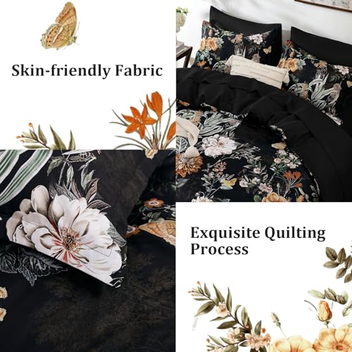 WONGS BEDDING Black Comforter Set Queen, 7 Pieces Bed in a Bag Botanical Floral Comforter Bedding Set, Soft Microfiber Comforter with Flat Sheet, Fitted Sheet, Pillow Shams, Pillowcases WONGS BEDDING