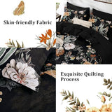 WONGS BEDDING Black Comforter Set Queen, 7 Pieces Bed in a Bag Botanical Floral Comforter Bedding Set, Soft Microfiber Comforter with Flat Sheet, Fitted Sheet, Pillow Shams, Pillowcases WONGS BEDDING