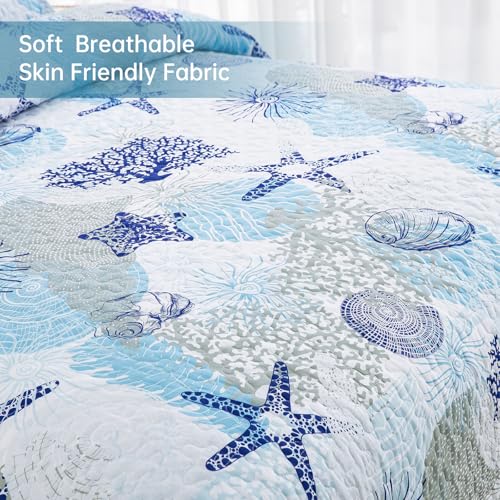 Dinjoy Coastal Quilt Set Twin Size, Blue Ocean Beach Themed Bedding Set Coral Seashell Conch Starfish Pattern Microfiber Lightweight Summer Bedspread Coverlet Bed Set All Season(68x86 Inch) Dinjoy