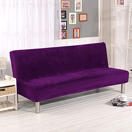 MIFXIN Armless Sofa Bed Cover Stretch Futon Slipcover Plush Thick Solid Color 3 Seat Full Folding Sofa Couch Futon Furniture Protector Without Armrests (Purple) MIFXIN