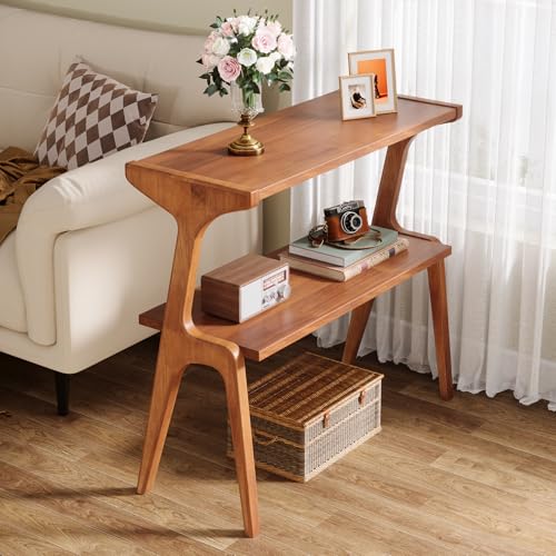 Tribesigns Solid Wood End Table, Modern Side Table for Couch, 2-Tier Narrow Tall End Table, Long Bedside Table for Living Room, Bedroom, Walnut Tribesigns