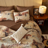 Wake In Cloud - Western Quilt Set, Rustic Ranch Life with Cowboy Southwestern Vintage Country Pattern Printed, Reversible Lightweight Bedspread Coverlet, 3 Pieces, Ochre Brown, King Size Wake In Cloud