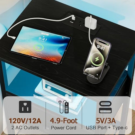 LOAKEKEL Nightstand with Charging Station, End Table with Fabric Drawer, LED Night Stand for Bedroom, Small Bed Side Table with USB Ports and Outlets for Living Room, Black, HETS01BK-1 LOAKEKEL