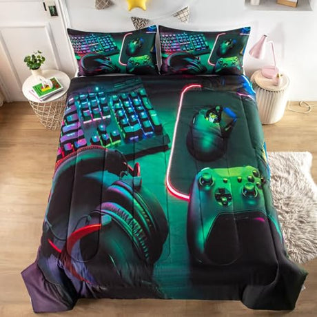 GRAT TIOC Gamer Comforter Sets for Teen Boys,Gaming Bedding Sets Twin,Video Game Bedspread,Game Gamepad Bedrooom Bed Set,Controller Gamer Home Decor 3 Piece GRAT TIOC