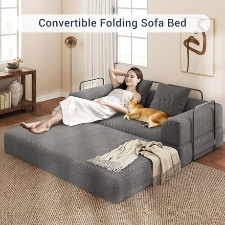 Cloud Boneless Convertible Floor Sofa Bed, 70" 4-in-1 Foldable Compressed Loveseat Lounge Sleeper 2 Seater Couches, High-Density Sponge & Corduroy Fabric Futon Daybed for Living Room Bedroom(Gray) Living&Giving