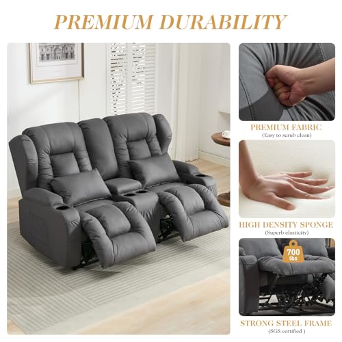 Loveseat Recliner Sofa,RV Wall Hugger Recliners for Small Spaces,Reclining Loveseat Sofa Recliner with Cup Holders/Lumbar Pillows,RV Furniture (Gray, Loveseat with Console)
