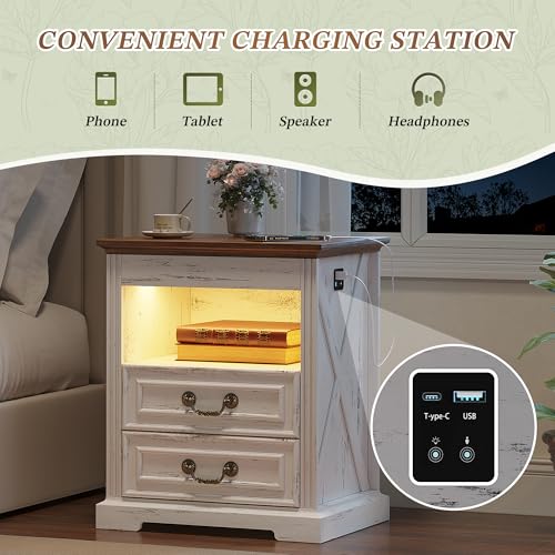 Dystler Night Stand with Gun Drawer, Bedside Table with LED Light & Human Sensor, Nightstand Gun Safe with 2 Drawers for Bedroom, Farmhouse End Table with Charger Station, Antique White Dystler
