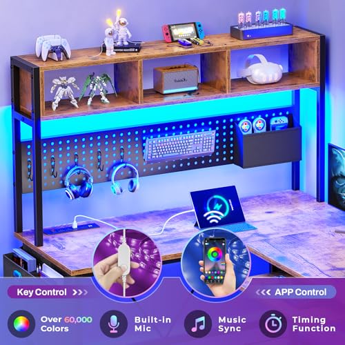 SEDETA L Shaped Gaming Desk with Hutch, 57.5” Reversible Corner Computer Desk with Storage Shelves, Gaming Desk with Pegboard, LED Lights, Power Outlet, Keyboard Tray (Rustic Brown) SEDETA