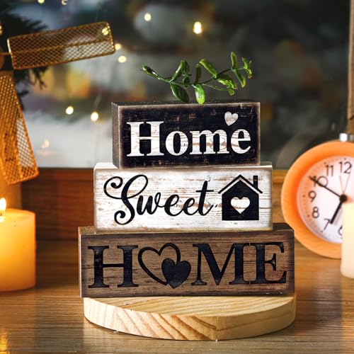 Moucuny 4 Pcs Farmhouse Wooden Tabletop Decor Farmhouse Tiered Tray Decor Rustic Eucalyptus Leaves Wood Block Sign Gift Sweet Home Centerpiece Farmhouse Home Table Decor Moucuny