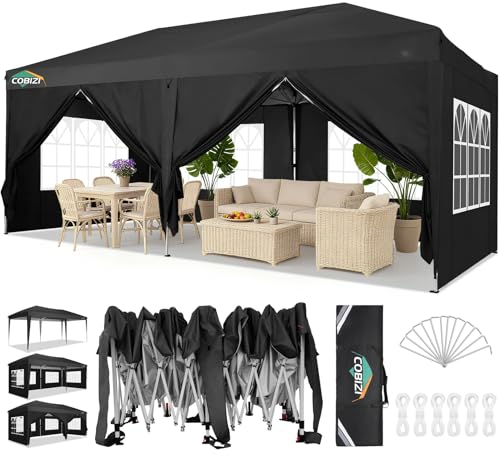 COBIZI Canopy 10x20 Pop Up Canopy Tent with 6 Sidewalls Party Tents for Parties Weddings Backyard Waterproof Outdoor Commercial Event Tent with Stakes, Ropes, Black COBIZI