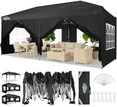 COBIZI Canopy 10x20 Pop Up Canopy Tent with 6 Sidewalls Party Tents for Parties Weddings Backyard Waterproof Outdoor Commercial Event Tent with Stakes, Ropes, Black COBIZI