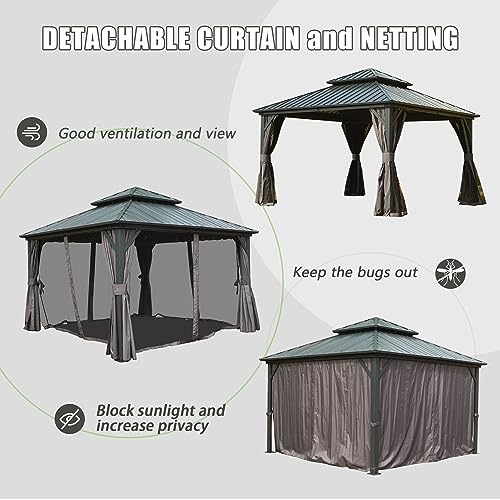 Domi Hardtop Gazebos 12x12FT, Aluminum Metal Gazebo with Galvanized Steel Double Roof Canopy, Curtain and Netting, Permanent Gazebo Pavilion for Patio, Backyard, Deck and Lawn, Grey