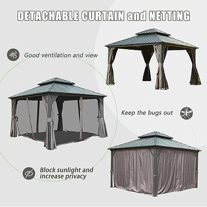 Domi Hardtop Gazebos 12x12FT, Aluminum Metal Gazebo with Galvanized Steel Double Roof Canopy, Curtain and Netting, Permanent Gazebo Pavilion for Patio, Backyard, Deck and Lawn, Grey - WoodArtSupply