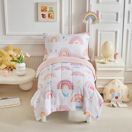 Joyreap 4 Piece Toddler Bedding Set- Pink Rainbow Lovely Design, Microfiber Toddler Bedding Comforter Set for Kids Girls Joyreap