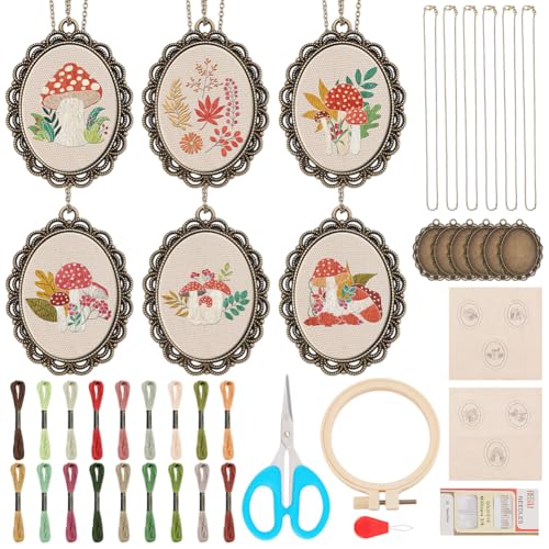 INFUNLY 6 Sets DIY Mushroom Necklace Embroidery Kit for Adult Beginner Embroidery Pendant Kit Mushroom Theme Embroidery Stitching Necklace Kit Cross Stitch Kits with Instructions for Women Gift
