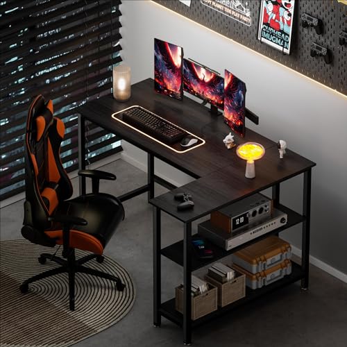 WOODYNLUX L Shaped Computer Desk - Home Office Desk with Shelf, Gaming Desk Corner Table for Work, Writing and Study, Space-Saving, Black - WoodArtSupply