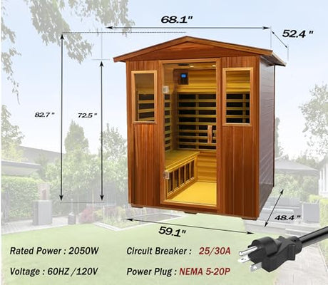 LTCCDSS Mahogany Outdoor Sauna 4 Person, Low EMF Far Infrared Sauna for Home, Withstand Outdoor Temp -10℉-149℉| 12 Low EMF Boards-Chromotherapy-Bluetooth Speakers (68.1 * 52.4 * 82.7 inch) LTCCDSS