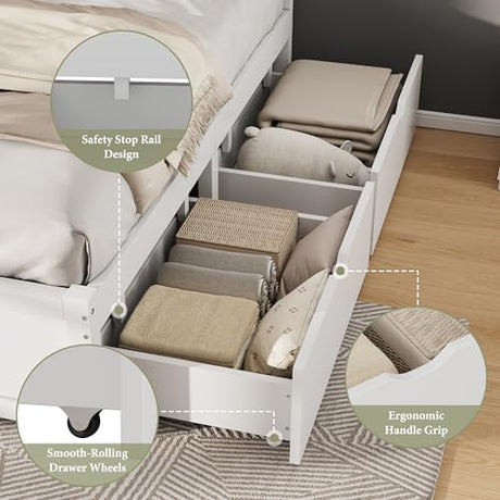 AMERLIFE King Size Solid Wood Bed Frame with 50" Tall Headboard, Mid-Century Modern Bed with Storage Drawers, Clean Wooden Platform Bed, 2 Side Drawers/No Box Spring Needed/White AMERLIFE