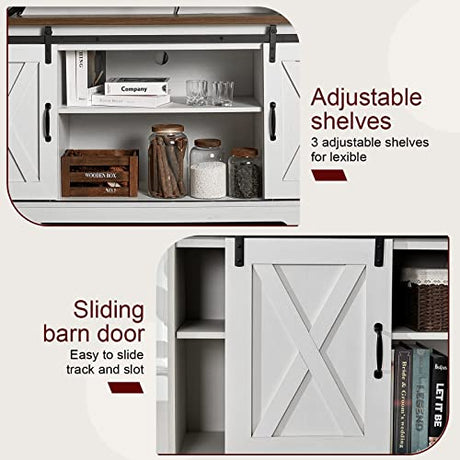 AMERLIFE 4-Piece Farmhouse Table Set Includes Sliding Barn Door TV Stand, Coffee Table& Two End Tables, Side Table with Charging Station and USB Ports, for Living Room, Bedroom, Distressed White, 66" AMERLIFE