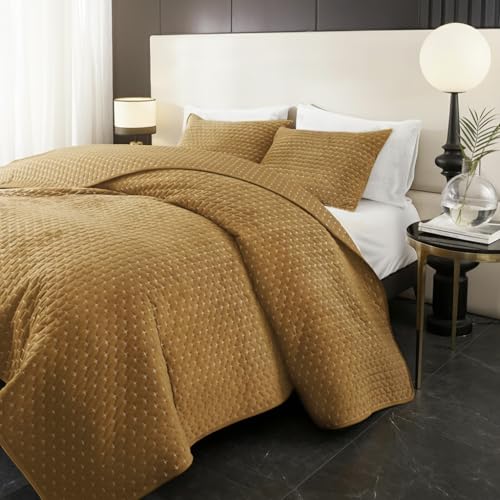 Powdion Velvet Quilt King Size,Bedspread Quilted Bedding Set,Luxurious Soft Coverlet Set Lightweight Velvet Comforter with Pillow Shams Brown, 96x106 Cross Stitch Striped Quilt Set Powdion