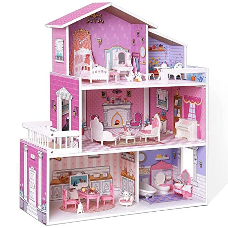 ROBUD Wooden Dollhouse Playset, 3 Stories, 5 Rooms, 24 PCS Furniture, Pretend Play Toys Gift for Kids Toddlers Girls ROBUD