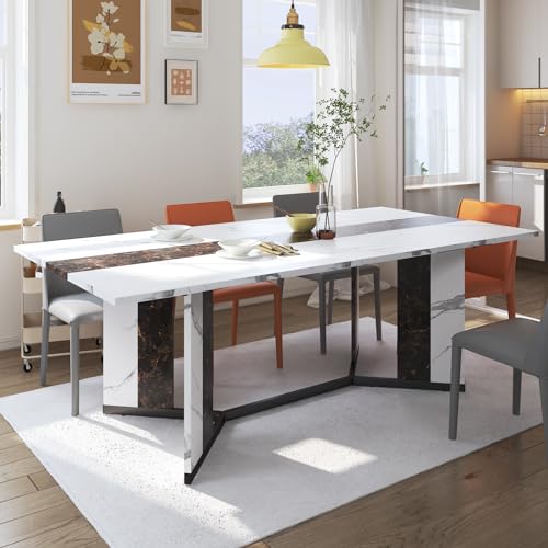 Hlivelood 71In Large Rectangular White Dining Table for 4 5 6 7 8 People w/35 Marble-Color Wood Watrproof Tabletop,Adjustable Leg.6ft Luxurious Family Dinner Table for Office Kitchen Living Room Hlivelood