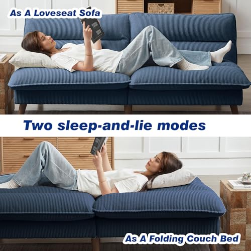 Chireca 72" Futon Sofa Bed, Convertible Futon Couch with Adjustable Backrest, Modern Corduroy Sleeper Sofa for Small Spaces, Living Room, Office, Blue Chireca