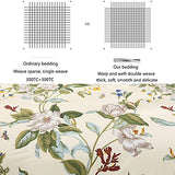 FADFAY Floral Duvet Cover Set 100% Cotton Green Striped and Beige Bedding White Flower Branches Print 600 TC Soft Reversible Zipper Bed Cover & 2 Pillowcases,King/Cal King(106x92) FADFAY