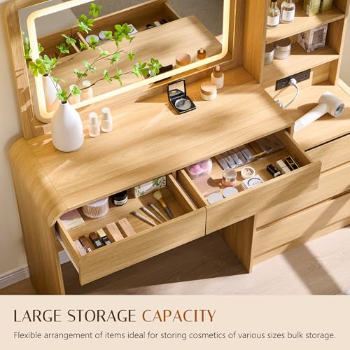 wow97e 50" Makeup Vanity Desk with 35.43" Mirror and Lights, Large 5 Drawers Makeup Table with Adjustable Shelves and Charging Station, 3 Lighting Modes for Women and Girls, Bedroom or Dorm, Natural wow97e