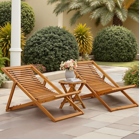 Flamaker 3-Piece Acacia Wood Patio Set, Chaise Lounge Chairs for 2 and Side Coffee Table, Adjustable and Foldable, for Pool, Beach, Backyard, No Assembly Flamaker