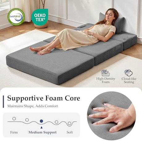 Youzi Folding Sofa Bed Convertible Sleeper Chair with Pillow, 4-in-1 Foldable Mattress Futon Couch Bed to Lounge Chair for Living Room, Bedroom, Dorm & Guest, Washable Cover, Dark Gray, Single Youzi