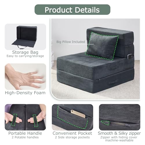 HILERO Folding Sofa Bed, 4 in 1 Convertible Sleeper Chair with Pillow, Single Memory Foam Fold Out Chair Bed, Modern Floor Futon Sofa Couch Mattress for Living Room/Guest/Apartment, Dark Grey HILERO