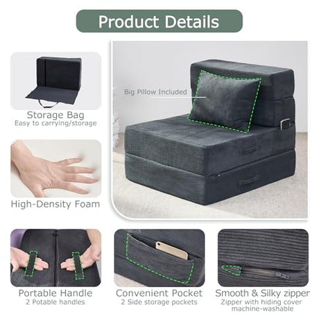 HILERO Folding Sofa Bed, 4 in 1 Convertible Sleeper Chair with Pillow, Single Memory Foam Fold Out Chair Bed, Modern Floor Futon Sofa Couch Mattress for Living Room/Guest/Apartment, Dark Grey HILERO
